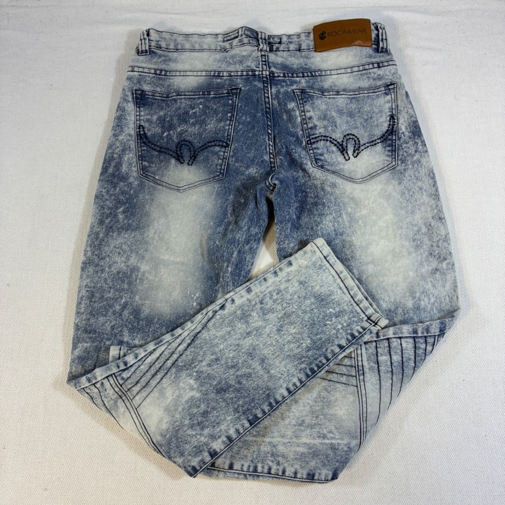 Rocawear Mens W32 L32 Slim Fit Moto Jeans Acid Wash Blue Biker Denim Streetwear